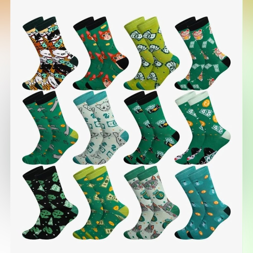 12 pairs of Playful Green Men's Socks Set with Dollar sign funny money design